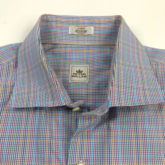 Peter Millar EUC LOGO CUFF Gingham Mens Button Front Long Sleeve Dress Shirt - Picture 1 of 6